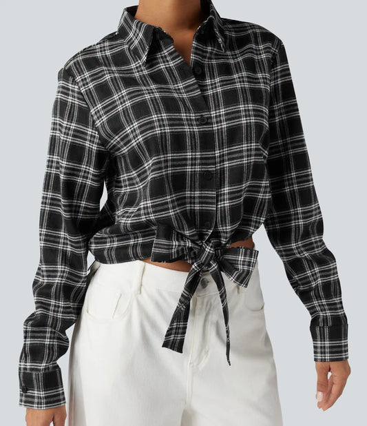 Long Sleeve Tie Front Plaid Casual Shirt