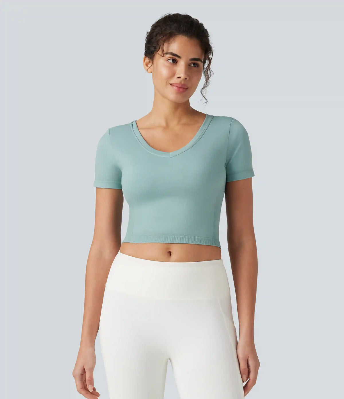 OneForm Seamless Flow V Neck Short Sleeve Built-in Bra Cropped Yoga Sports Top