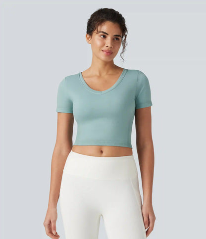 OneForm Seamless Flow V Neck Short Sleeve Built-in Bra Cropped Yoga Sports Top