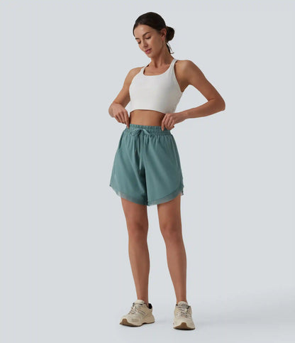 Mid Rise Drawstring Contrast Mesh 2-in-1 Flowy Yoga Shorts 7''