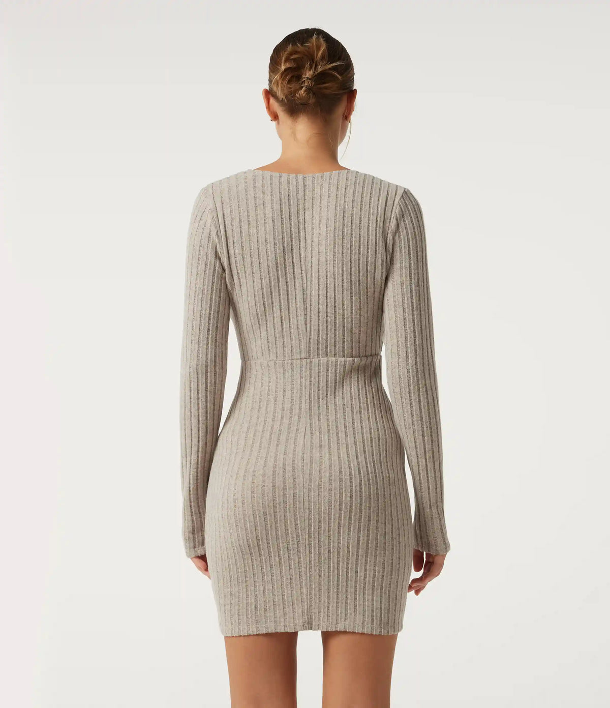 Ribbed Knit Deep V-Neck Long Sleeve Drawstring Ruched Bodycon Mini Casual Dress