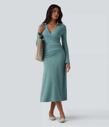 V Neck Long Sleeve Ruched Midi Casual Dress