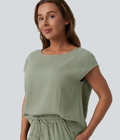 Round Neck Batwing Sleeve Casual Linen-Feel Top
