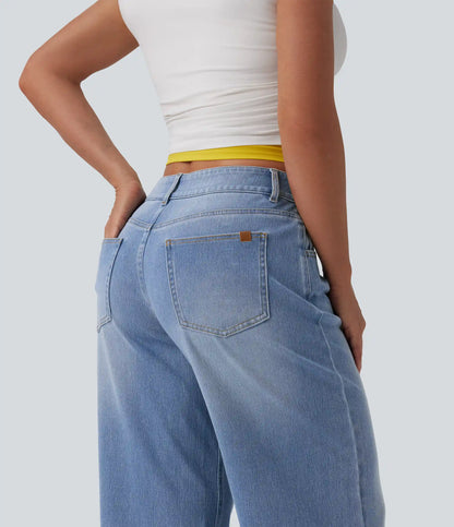 Halara Flex™ Low Rise Zipper Pockets Washed Baggy Wide Leg Casual Jeans