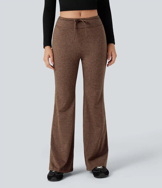 Mid Rise Drawstring Quick Dry Fleece Heathered Flare Lounging Pants-UPF40+