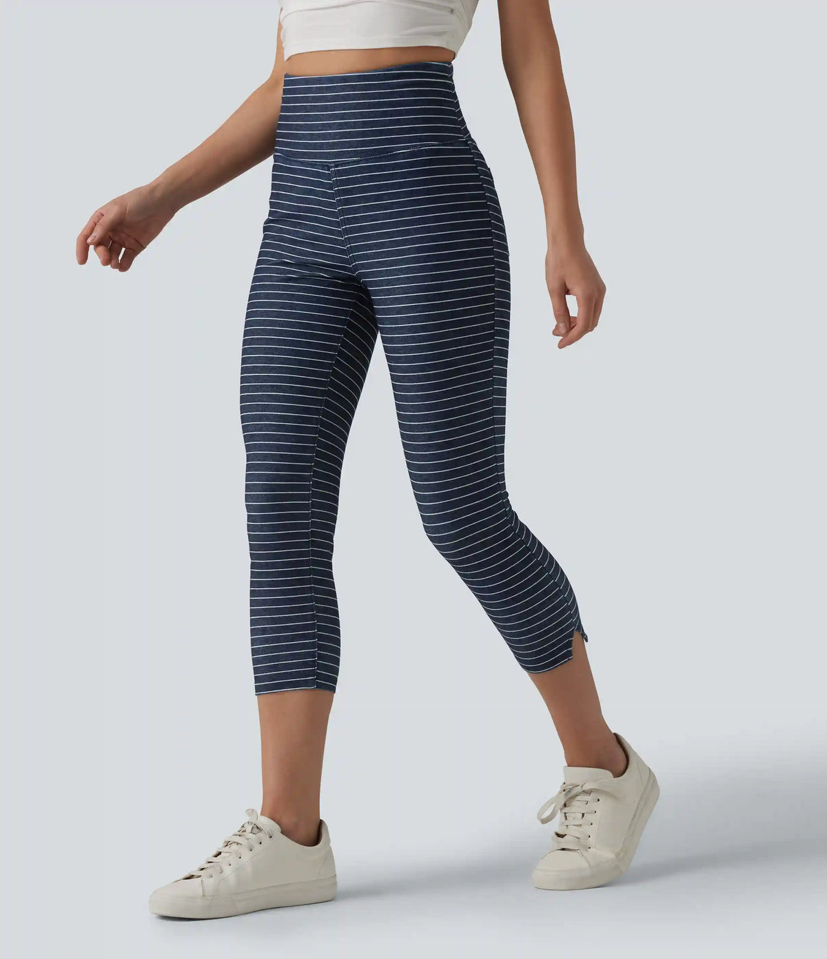 Halara Flex™ High Waisted Tummy Control Split Stripes Denim Casual Capri Leggings with Pockets