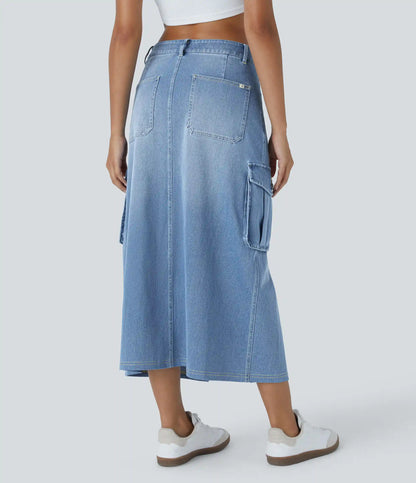 Halara Flex™ Mid Rise Zipper Pockets A Line Denim Maxi Casual Cargo Skirt