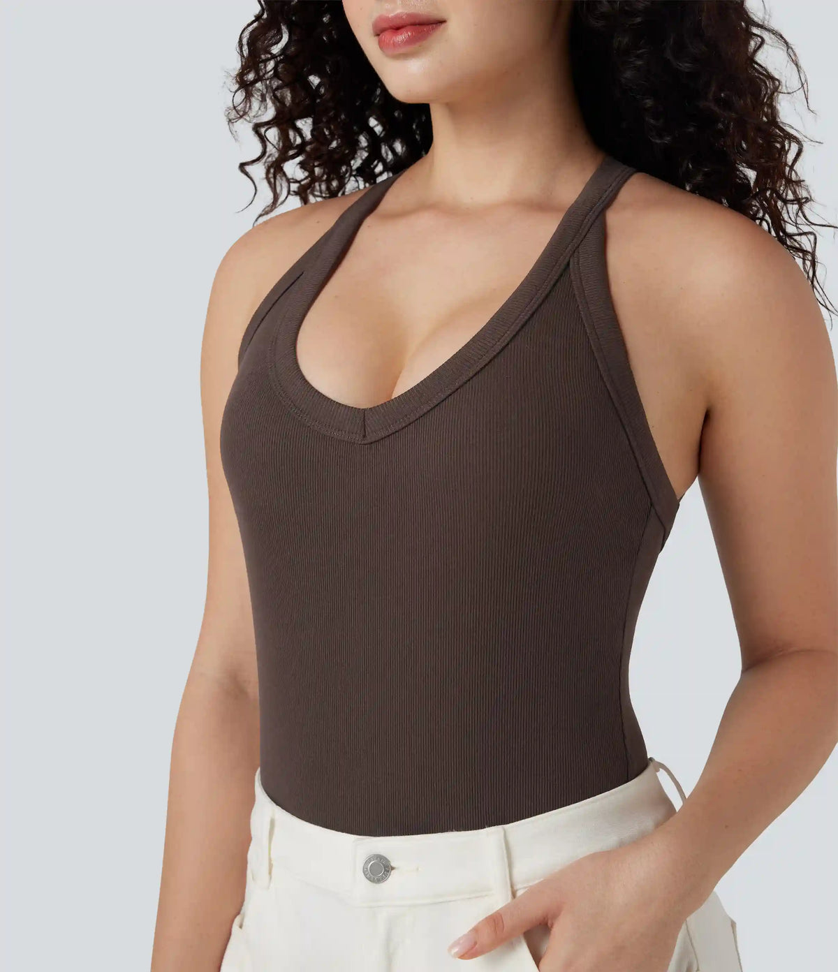 Ribbed Crisscross Back V-Neck Sleeveless Skinny Casual Bodysuit
