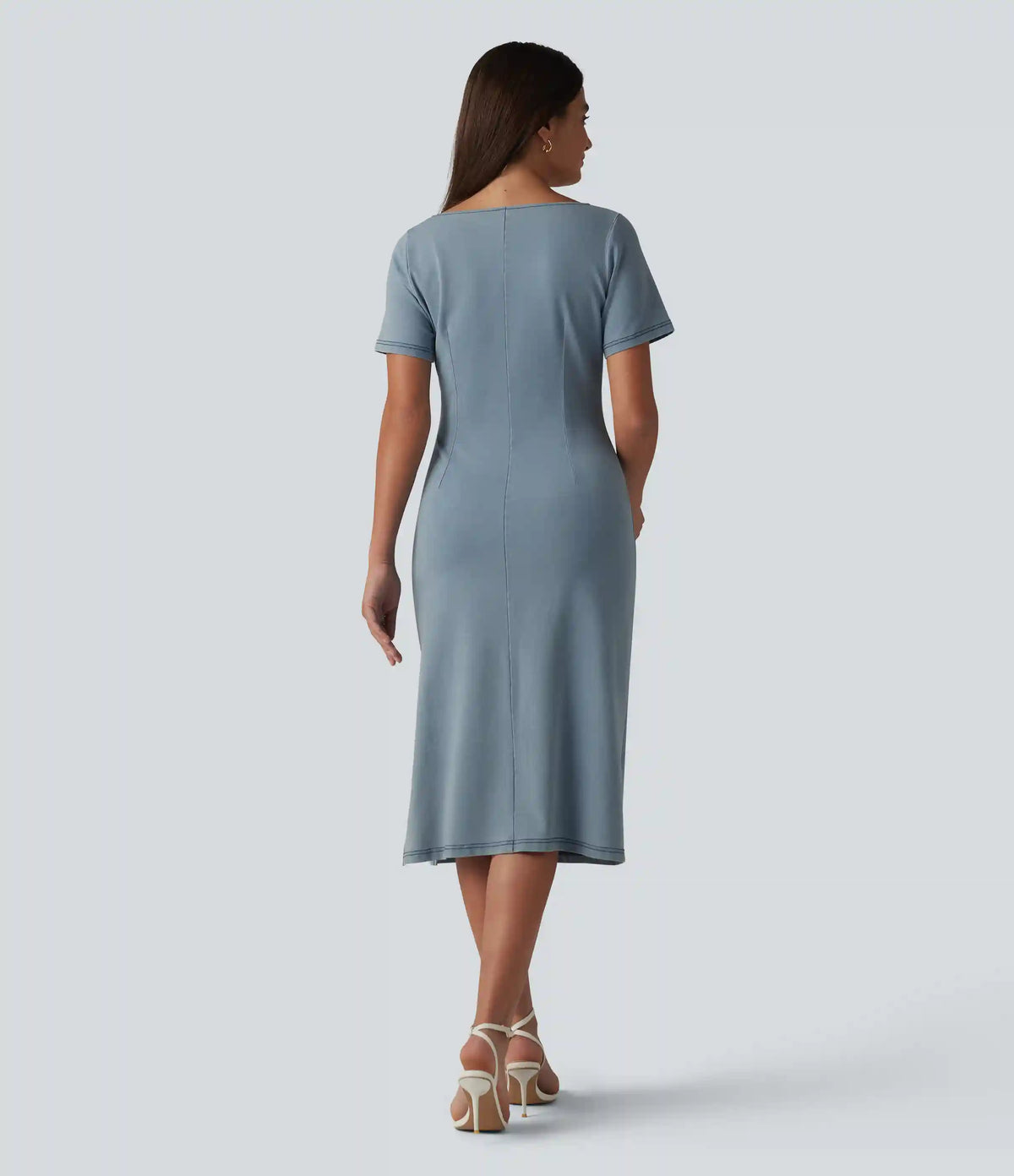 Halara Flex™ Denim Boat Neck Short Sleeve Ruched Split Midi Casual Dress