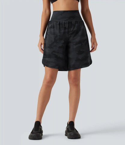 Halara UltraSculpt™ Camo Print High Waisted Tummy Control Curved Hem Running Shorts 9" with Pocket