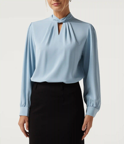 Mock Neck Tie Back Long Sleeve Work Blouse