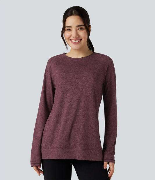 Skin Friendly Round Neck Raglan Long Sleeve Split Hem Casual T-Shirt