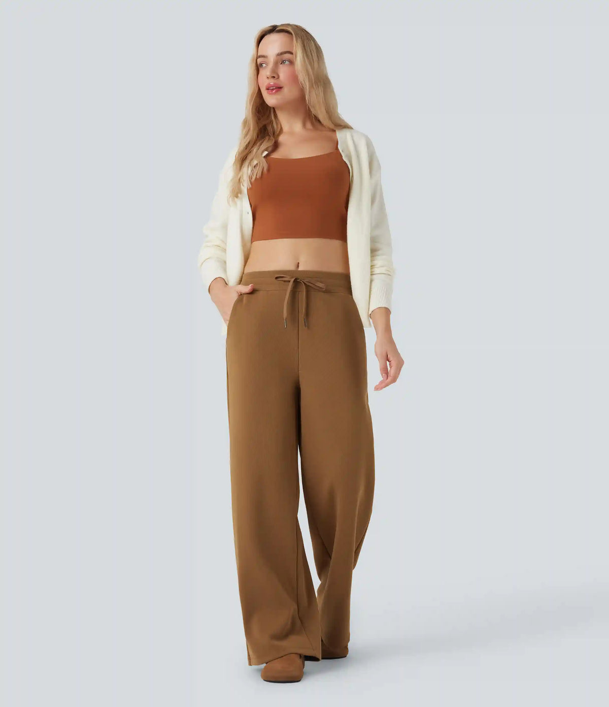 Mid Rise Drawstring Micro Waffle Baggy Casual Pants with Pockets