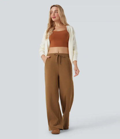Mid Rise Drawstring Micro Waffle Baggy Casual Pants with Pockets