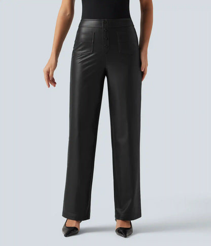 High Waisted Stretchy PU Fleece Straight Leg Casual Leather Pants with Pockets