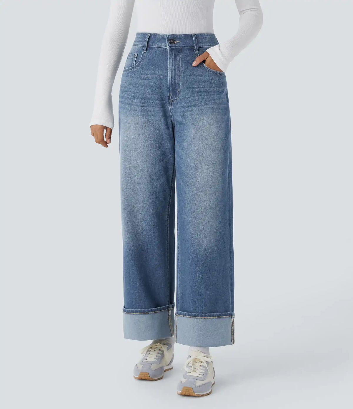 Halara Flex™ High Waisted Pockets Adjustable Hem Wide Leg Washed Casual Jeans