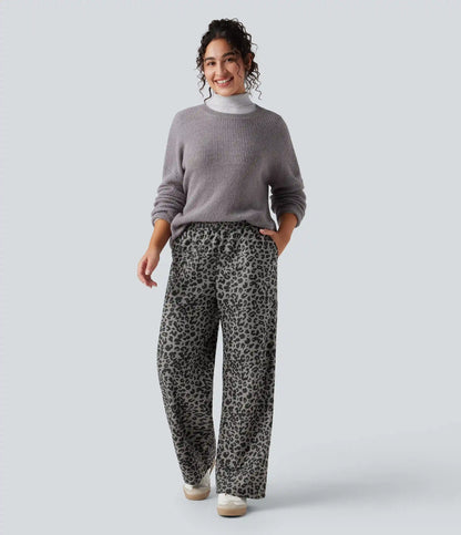 High Waisted Leopard Print Corduroy Casual Baggy Pants with Pockets