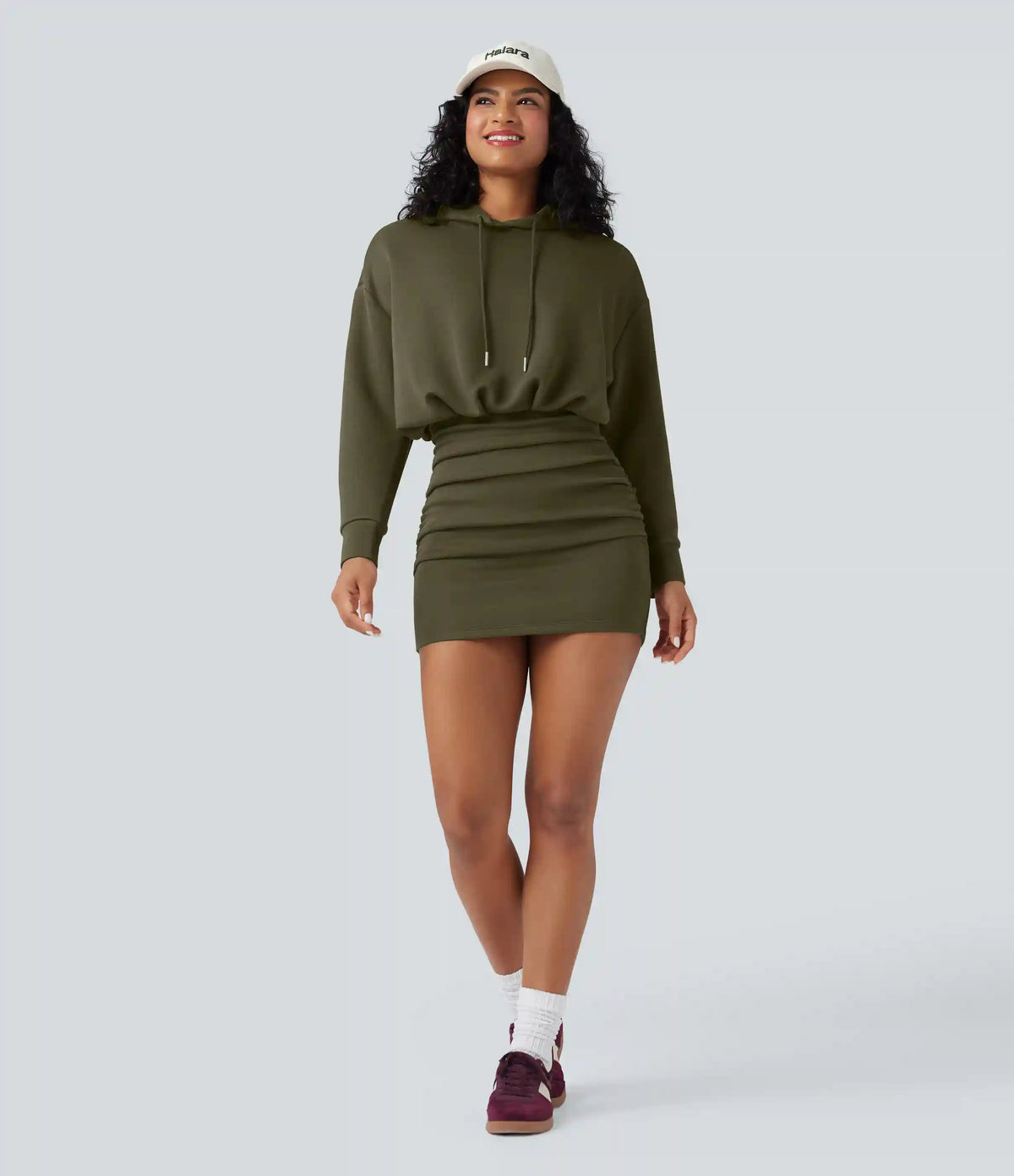 SpacerTek™ Long Sleeve Ruched Bodycon Mini Casual Hoodie Dress