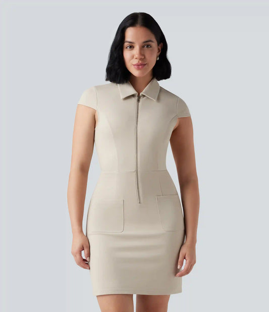 Half Zip Short Sleeve Bodycon Mini Work Dress with Pockets