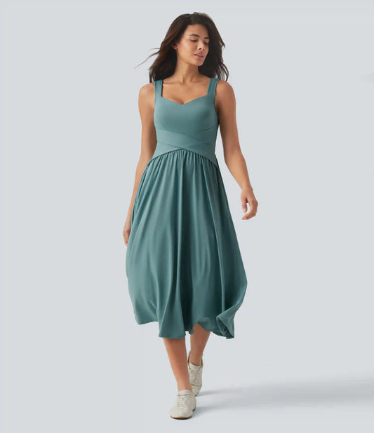 Sleeveless Crossover Flowy Midi Casual Dress with Pockets DD-F