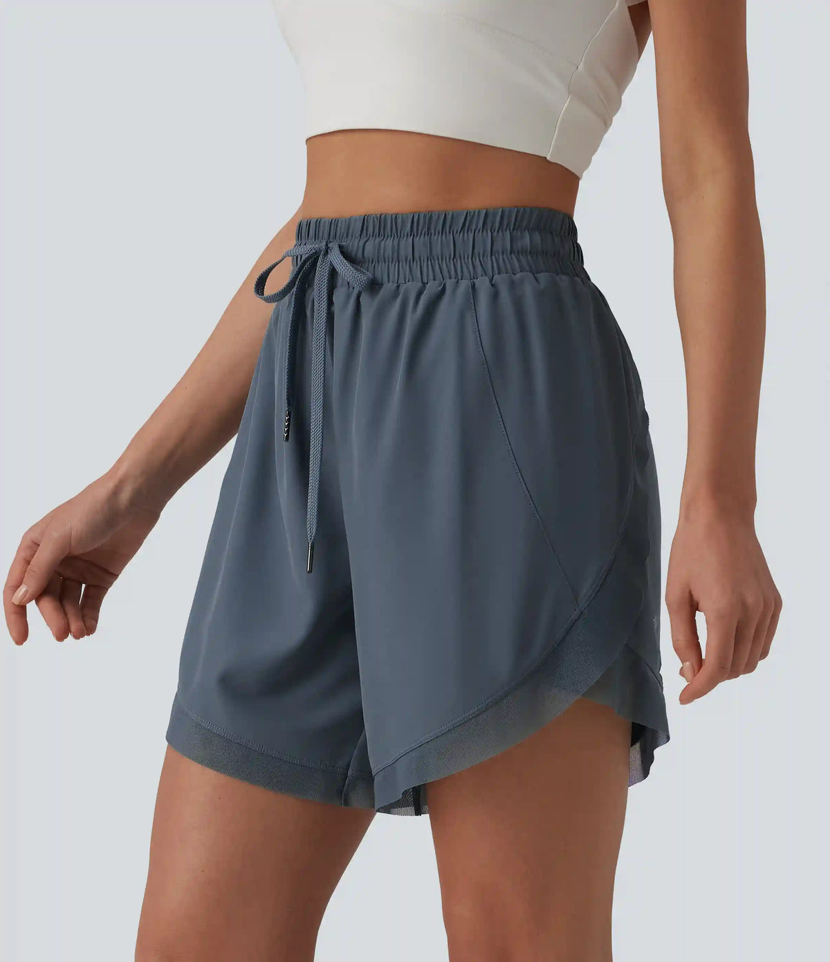 Mid Rise Drawstring Contrast Mesh 2-in-1 Flowy Yoga Shorts 7''