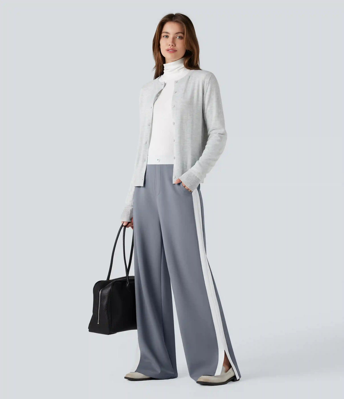 Mid Rise Color Block Split Work Straight Leg Pants with Pockets