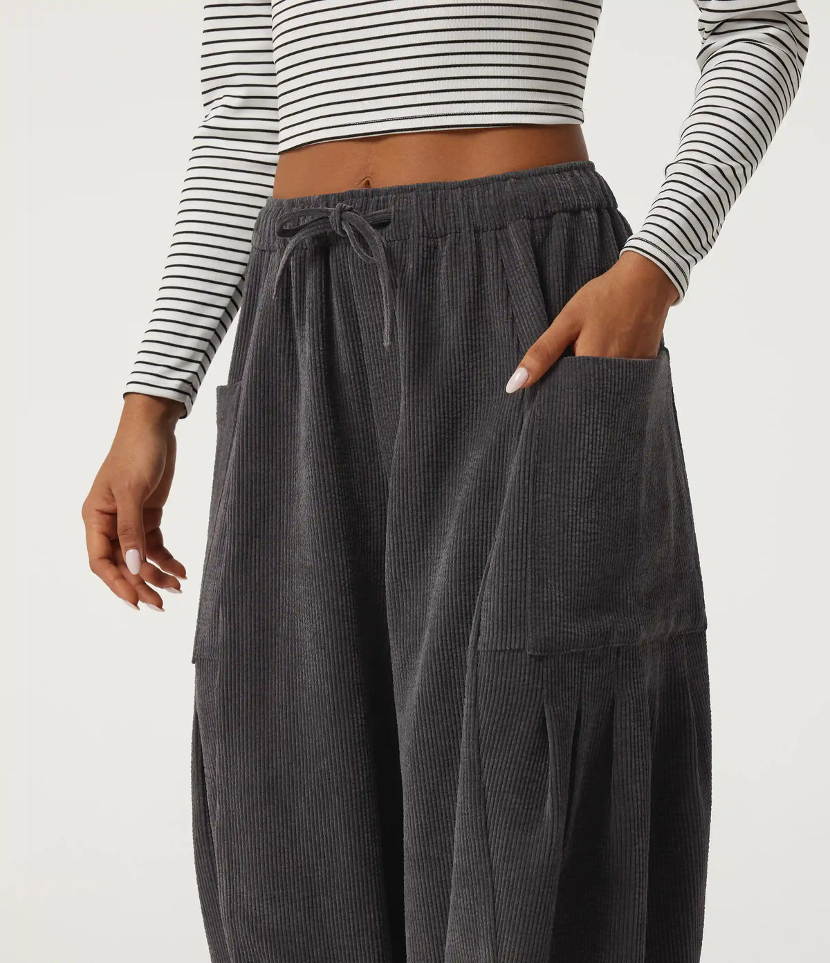High Waisted Drawstring Corduroy Casual Pants with Pockets