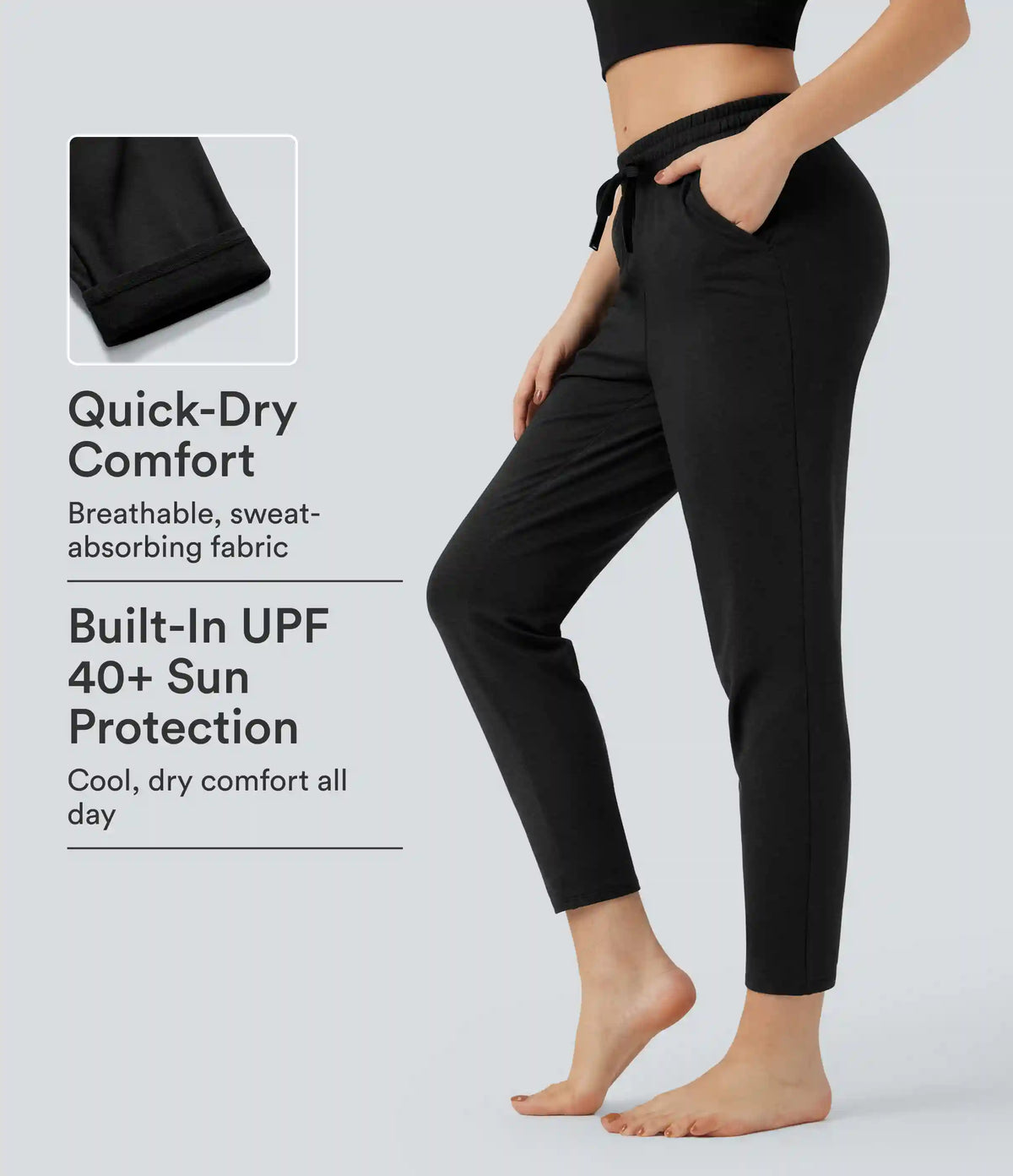 Mid Rise Drawstring Quick Dry Lounge Heathered Pants with Pockets-UPF40+