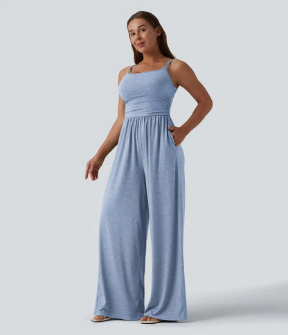 Adjustable Straps Ruched Wide Leg Heathered Casual Jumpsuit with Pockets-Easy Peezy