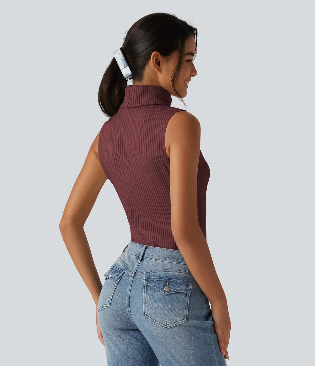 Ribbed Knit High Neck Casual Tank Top
