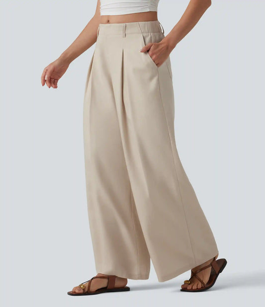 Mid Rise Pleated Lyocell Linen-Blend Casual Baggy Pants with Pockets