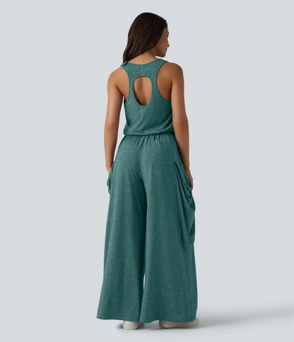 Sleeveless Cut Out Wide Leg Casual Jumpsuit with Pockets-Easy Peezy Edition