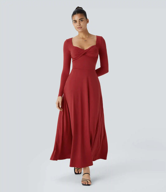 Sweetheart Neck Long Sleeve Pocket Flare Flowy Maxi Dress