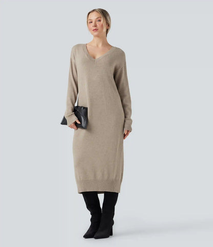 V-neck Long Sleeve Midi Wool-Blend Work Sweater Dress-Front and Back Wearable