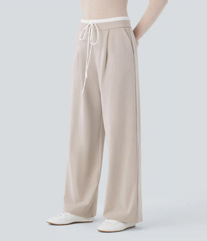 Double-Layer Color Block Low Rise Drawstring Pocket Wide Leg Casual Pants