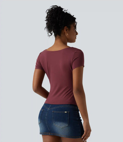 Cowl Neck Short Sleeve Ruched Casual Top