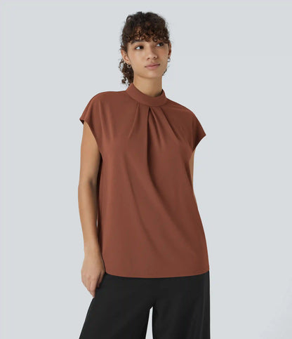 Stand Collar Back Cap Sleeve Work Blouse