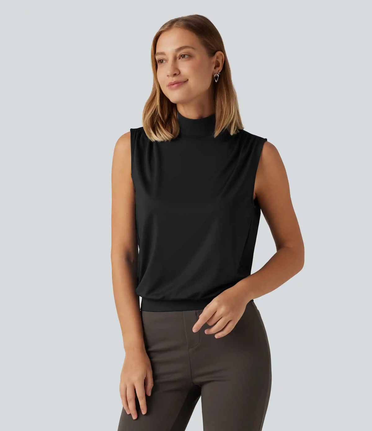 Stand Collar Ruched Work Tank Top