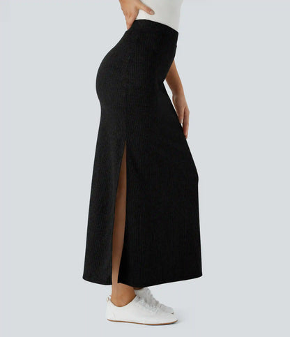 Ribbed High Waisted Hem A Line Maxi Casual Skirt
