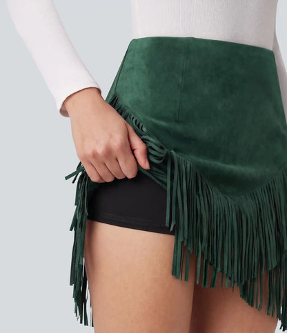 High Waisted 2-in-1 Fringe Hem Bodycon Mini Suede Casual Skirt