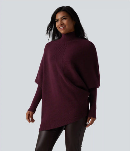 High Neck Batwing Long Sleeve Asymmetric Hem Work Sweater