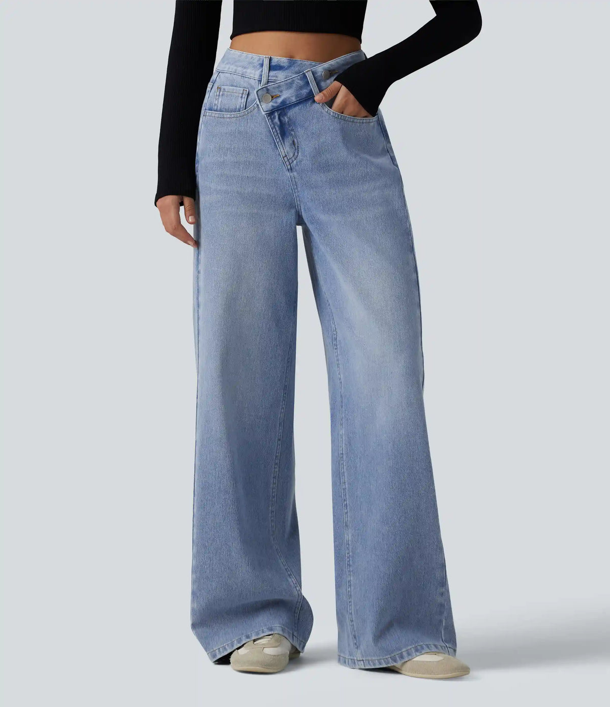 Halara Flex™ Asymmetric High Waisted Washed Casual Baggy Jeans with Pockets