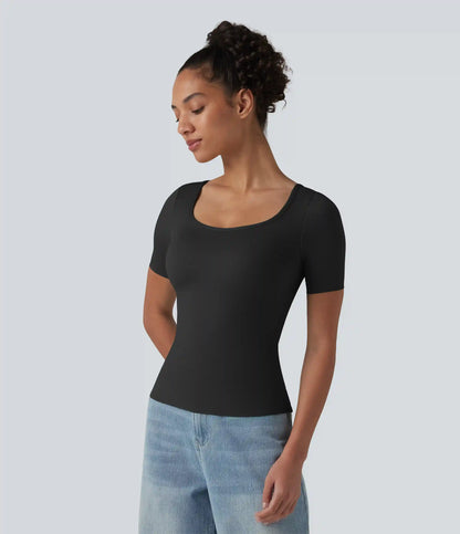 Scoop Neck Short Sleeve Built-in Bra Casual T-Shirt B-E Cups