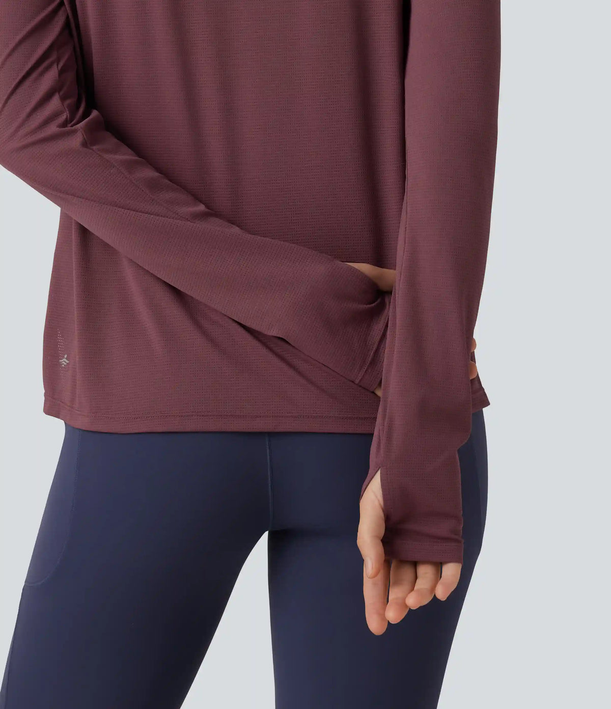 Round Neck Mesh Raglan Long Sleeve Thumb Holes Quick Dry Running Sports Top