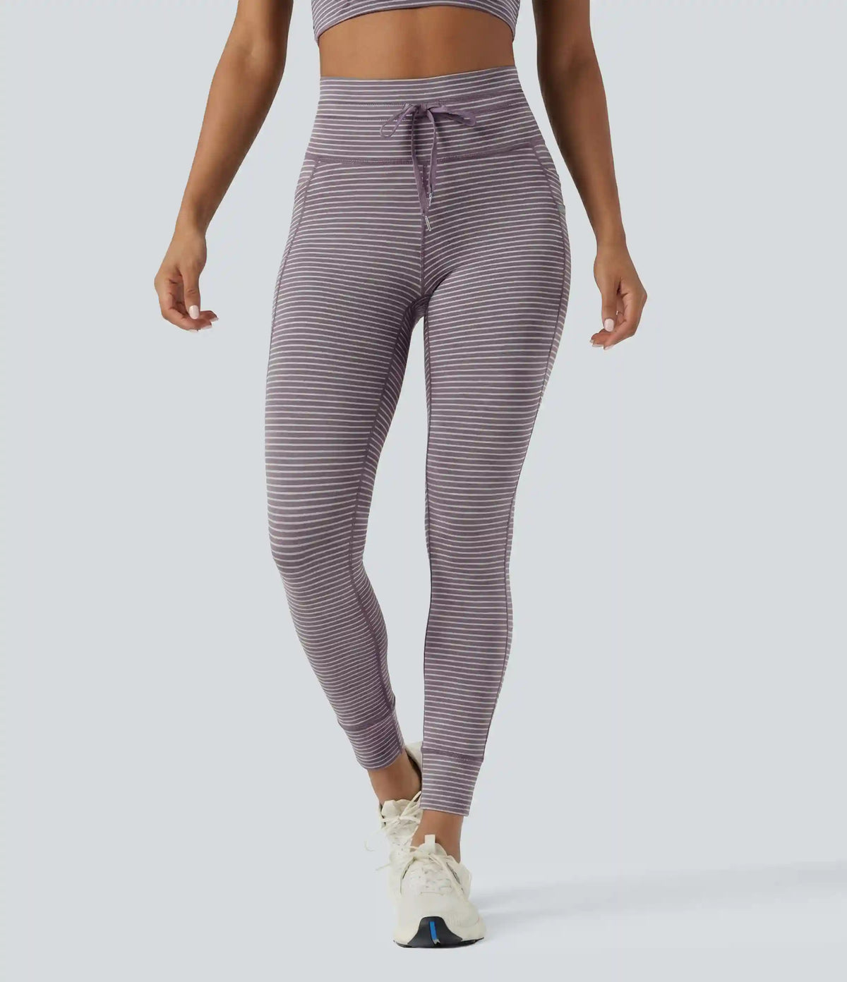 High Waisted Drawstring Striped Yoga Leggings with Pockets
