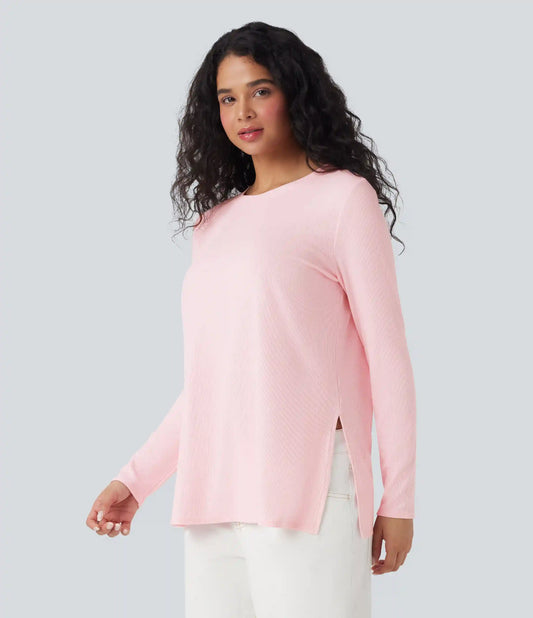 Ribbed Knit Long Sleeve Split Hem Casual T-Shirt