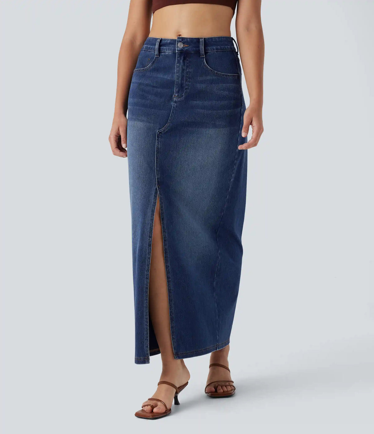 Halara Flex™ Mid Rise Pockets Straight Maxi Washed Denim Casual Skirt