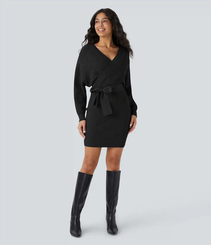 Crossover V Neck Batwing Long Sleeve Belted Mini Casual Sweater Dress