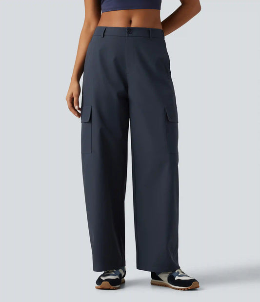 Water Repellent Wear-Resistant Mid Rise Barrel Leg Hiking Cargo Pants with Pockets