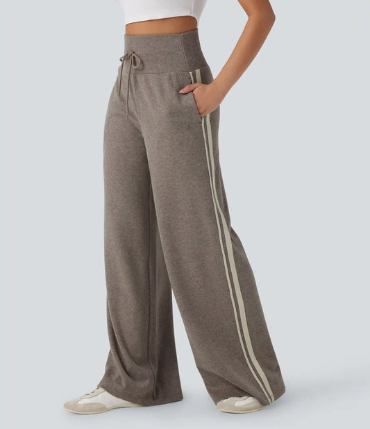Ribbed High Waisted Tummy Control Drawstring Side Stripe Baggy Casual Pants with Pockets